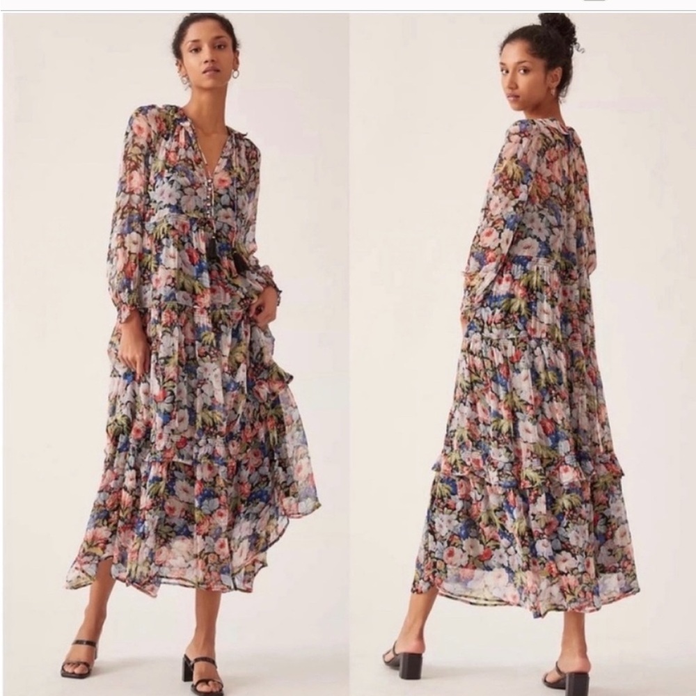 Anthropologie Floral Chiffon Marais Dress with Bishop Sleeves
